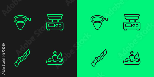 Set line Fisherman in boat, Knife, Fishing net and Electronic scales icon. Vector