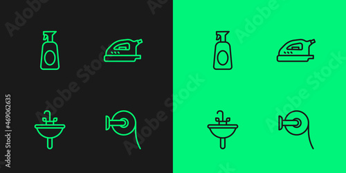 Set line Toilet paper roll, Washbasin, Cleaning spray with detergent and Electric iron icon. Vector