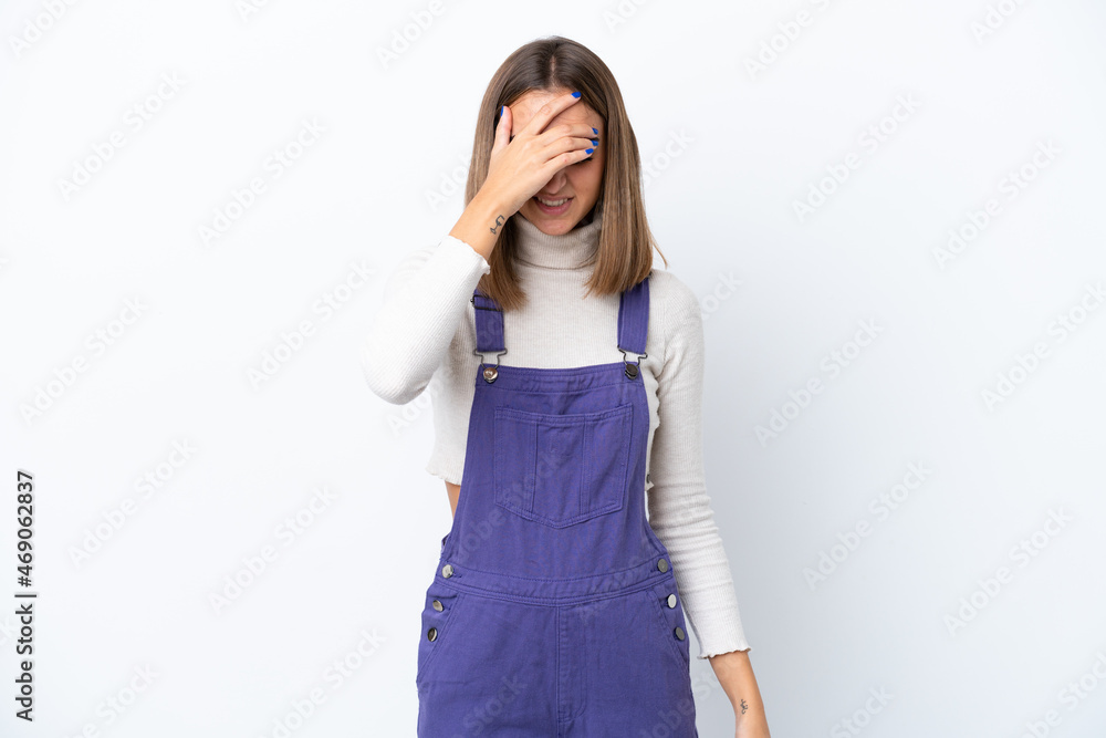 Young caucasian woman isolated on white background with headache Young caucasian woman isolated on white background with headache