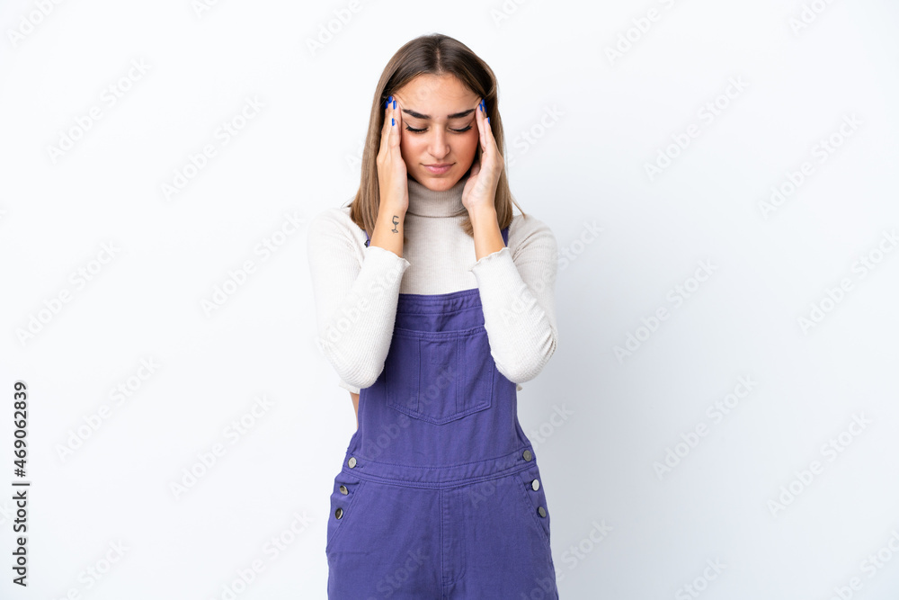 Young caucasian woman isolated on white background with headache Young caucasian woman isolated on white background with headache