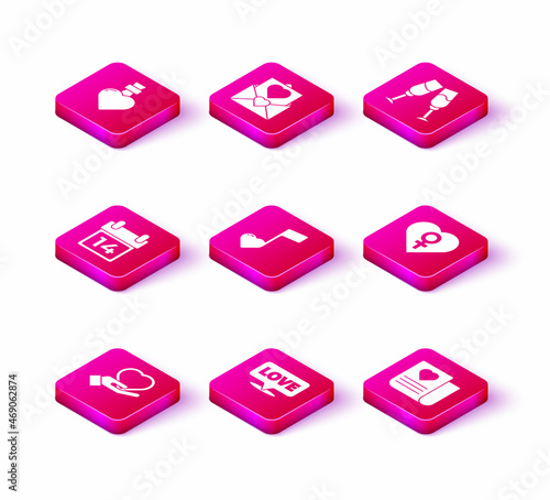 Set Heart on hand, Speech bubble with text love, Calendar February 14, Music note, tone hearts, Envelope Valentine, female gender, Glass of champagne and icon. Vector
