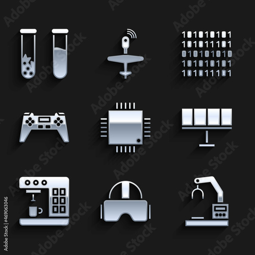 Set Processor with microcircuits CPU, Virtual reality glasses, Robotic robot arm hand factory, Solar energy panel, Coffee machine, Gamepad, Binary code and Test tube flask icon. Vector