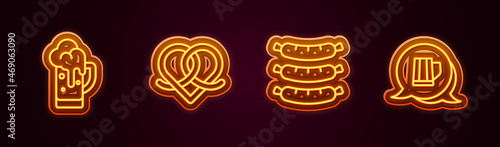 Set line Glass of beer, Pretzel, Sausage and Wooden mug. Glowing neon icon. Vector