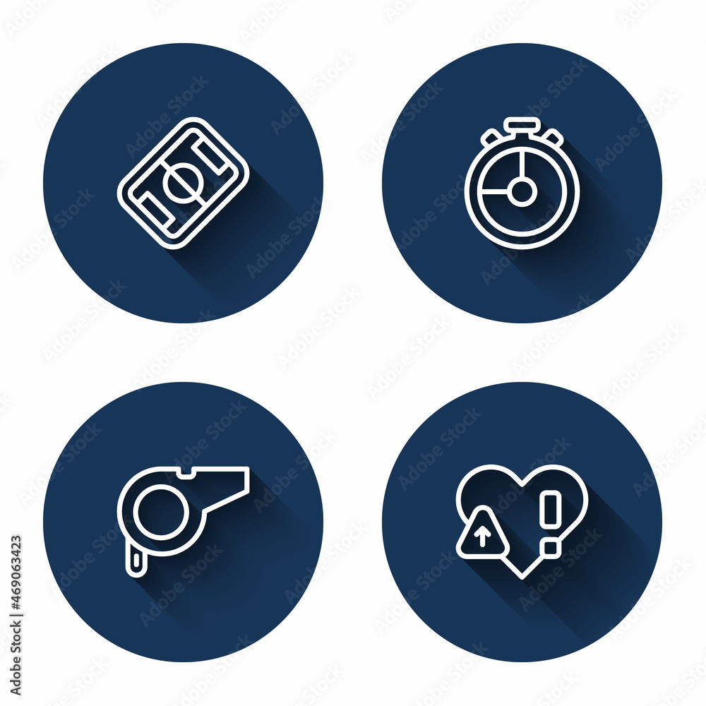 Set line Football field, Stopwatch, Whistle and Heart rate with long shadow. Blue circle button. Vector Set line Football field, Stopwatch, Whistle and Heart rate with long shadow. Blue circle button. Vector