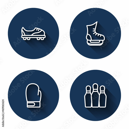 Set line Football shoes, Skates, Boxing glove and Bowling pin with long shadow. Blue circle button. Vector