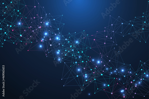 Structure molecule and communication. Dna, atom, neurons. Scientific concept for your design. Connected lines with dots. Medical, technology, chemistry, science background. Vector illustration.