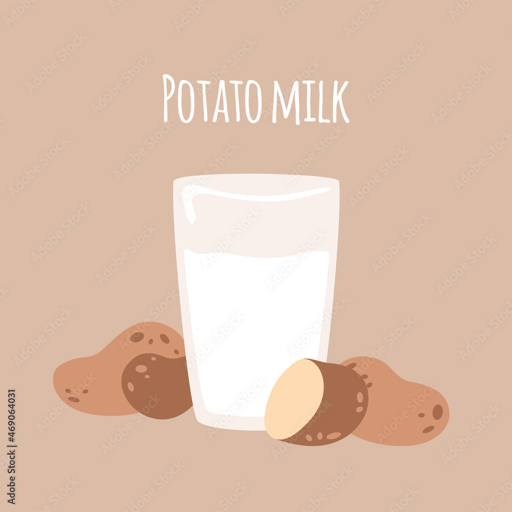 Potato milk glass. Drink, potato slice, vegetables on background. Lactose free, plant-based beverage. Vector illustration with text and vegan-friendly creamy food.