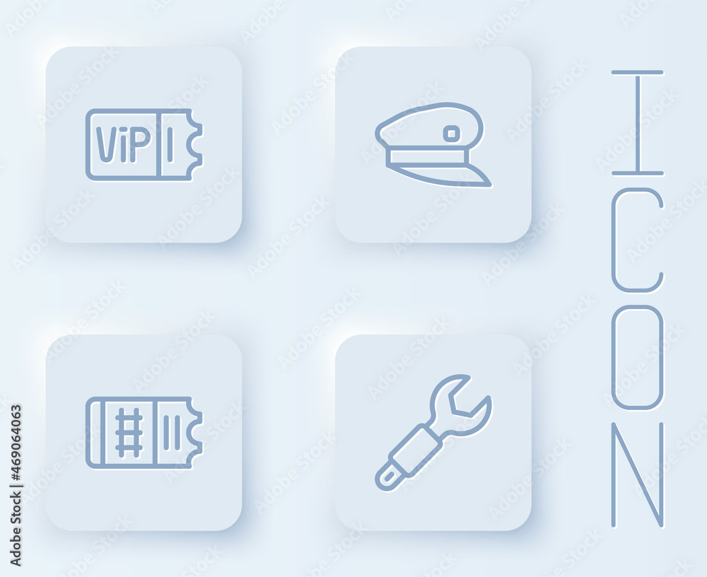 Fototapeta premium Set line Train ticket, driver hat, and Wrench spanner. White square button. Vector