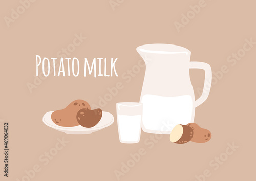 Potato milk. Jug and glass with drink, potato slice, vegetables on plate. Lactose free, plant-based beverage. Vector illustration with text and vegetarian food.