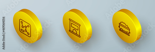 Set Isometric line Railway map, Ticket office to buy tickets and Coal train wagon icon. Vector