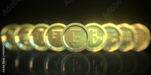 Fotografi Swiss franc and other currency symbols on golden coins on black background