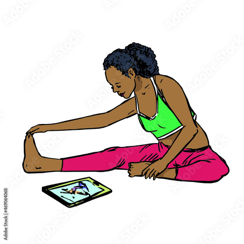 Young afro american girl doing stretching exercise with fitness studio exercise videos on tab, hand drawn doodle, drawing, sketch illustration