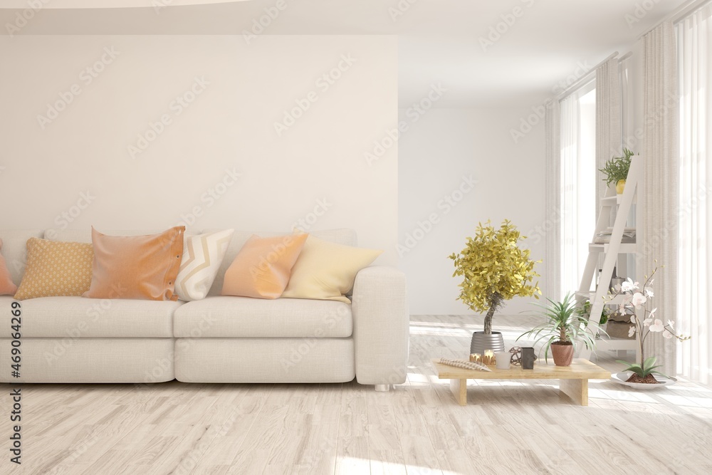 White living room with sofa. Scandinavian interior design. 3D illustration White living room with sofa. Scandinavian interior design. 3D illustration