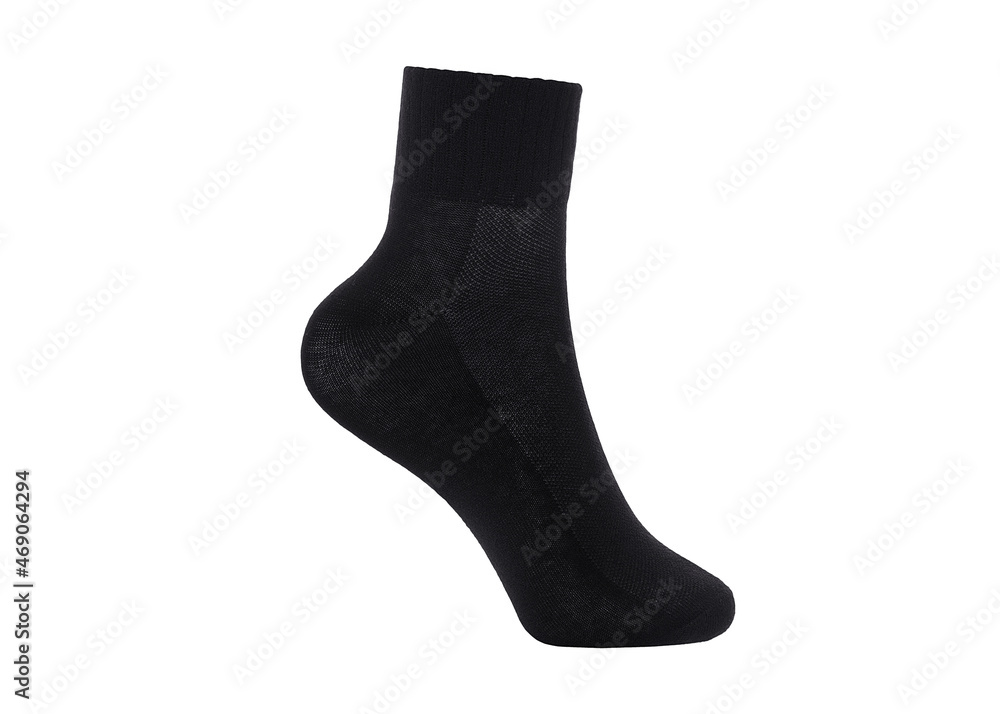 Black color socks isolated on white background. One pair of socks. Set of black socks for sports on foot as mock up for advertising, branding, design mockup, isolated, clipping path. Black color socks isolated on white background. One pair of socks. Set of black socks for sports on foot as mock up for advertising, branding, design mockup, isolated, clipping path.
