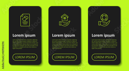 Set line Marriage contract, House in hand and Lifebuoy. Business infographic template. Vector