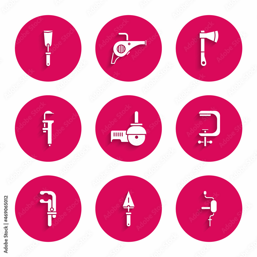 Set Angle grinder, Trowel, Hand drill, Clamp screw tool, Calliper or caliper scale, Wooden axe and Putty knife icon. Vector Set Angle grinder, Trowel, Hand drill, Clamp screw tool, Calliper or caliper scale, Wooden axe and Putty knife icon. Vector
