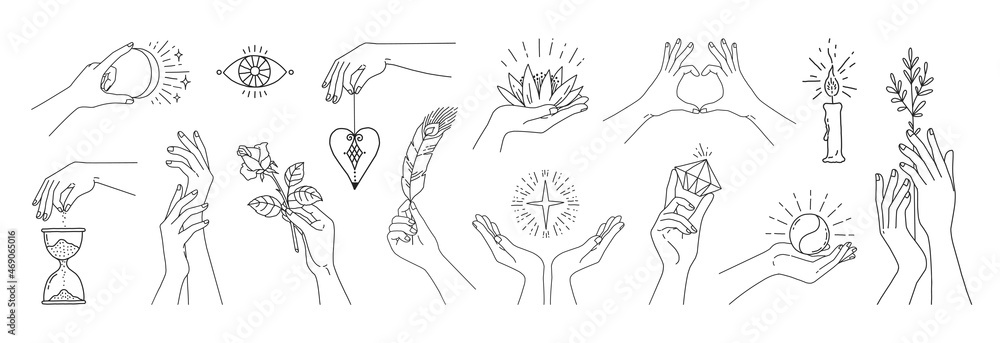 Abstract woman hands. Magic meditation female arm symbols with plants and linear emblems. Girls limbs holding lotus or rose flowers. Mystic signs. Body parts positions. Vector line set