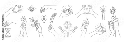 Abstract woman hands. Magic meditation female arm symbols with plants and linear emblems. Girls limbs holding lotus or rose flowers. Mystic signs. Body parts positions. Vector line set