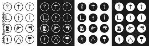 Set Hammer, Trowel, Corner ruler, Pincers and pliers, Pencil with eraser, Sledgehammer, Electric drill machine and Cement bag icon. Vector
