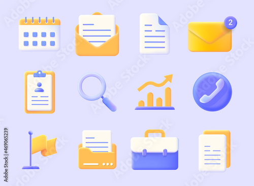 Realistic business icons. 3D calendar document form. Contact papers. Mail message. Envelope or call plastic signs. Isolated magnifier and folders. Computer interface vector elements set