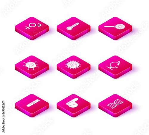 Set Blood test and virus, Medicine pill or tablet, Virus, DNA symbol, Microscope, under magnifying glass and Medical thermometer icon. Vector