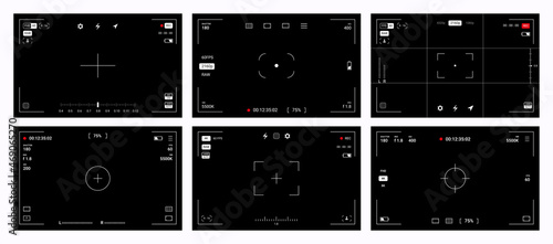Camera viewfinder. Video record and photography shoot. DSLR screens. Digital camcorder interface. Focusing frame mockup with adjustment buttons. Vector film and photo blank windows set photo
