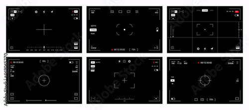 Camera viewfinder. Video record and photography shoot. DSLR screens. Digital camcorder interface. Focusing frame mockup with adjustment buttons. Vector film and photo blank windows set