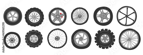 Automobile wheels. Doodle car tires. Tractor and motorcycle disks. Bicycle and light vehicle tyres set with different shapes and sizes. Rubber rims. Vector hand drawn transport elements
