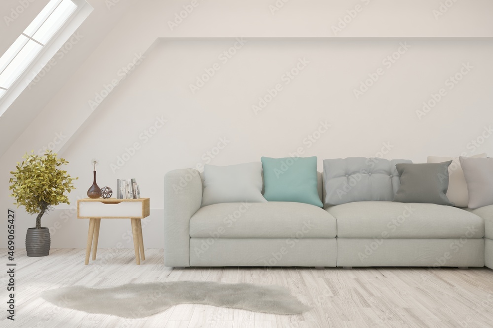 Fototapeta premium White living room with sofa. Scandinavian interior design. 3D illustration