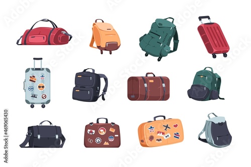 Travel bags. Cartoon knapsack and suitcase. Tourist case with stickers. Camping and hiking rucksack. Journey and adventure baggage. Travelers luggage. Vector traveling backpacks set
