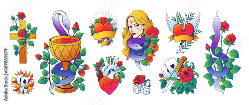 Vintage tattoo. Cartoon retro flash prints with colored elements. American graphic body drawing style. Roses and knifes. Playing cards and serpent sketch. Vector tattooing templates set