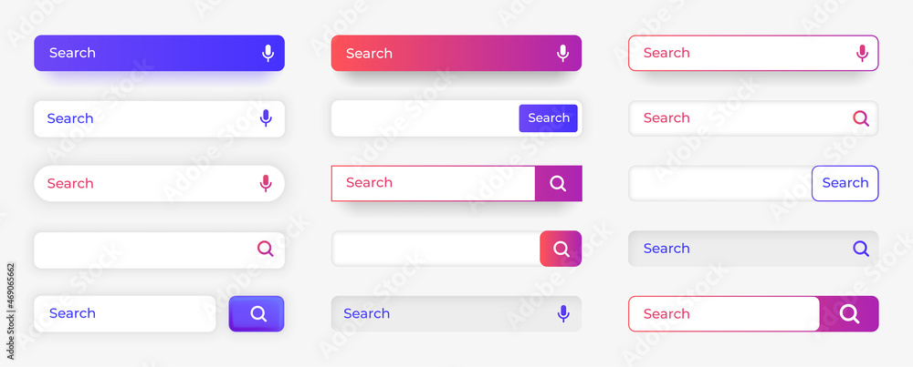 Web search. Website finding field box with cursor and interface button. Blank frame graphic UI. Magnifier or microphone icons. Empty digital borders. Vector navigation page element set Web search. Website finding field box with cursor and interface button. Blank frame graphic UI. Magnifier or microphone icons. Empty digital borders. Vector navigation page element set