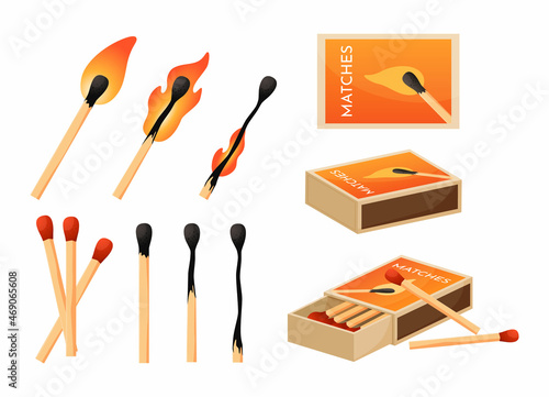 Cartoon flaming matches. Wooden matchstick with burning head. Danger of ignition. Cardboard matchbox with sulfur abrasive edge. Risk of fire. Vector ignited or burnt wood sticks set