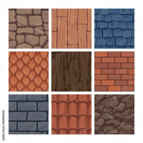 Cartoon game texture. Roof and wall backgrounds for gaming UI. Stone block and brickwork. Rock, soil and wooden construction materials. House surfaces. Vector geological structures set