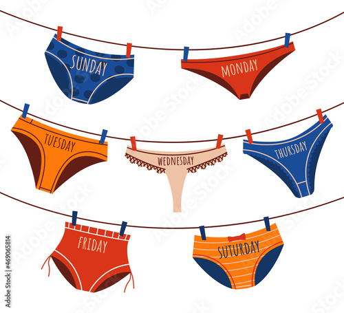 Everyday underwear. Doodle knickers and briefs laundry hanging on ropes. Undies and panties fixed on clothesline with clothespins. Dry lingerie. Wash underpants. Vector illustration