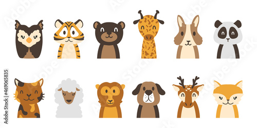 Adorable animals. Minimalistic cartoon fauna characters for kids wallpapers and textile. Cute lion and bear. Dog or penguin heads. Panda and koala. Forest creatures faces. Vector pets set