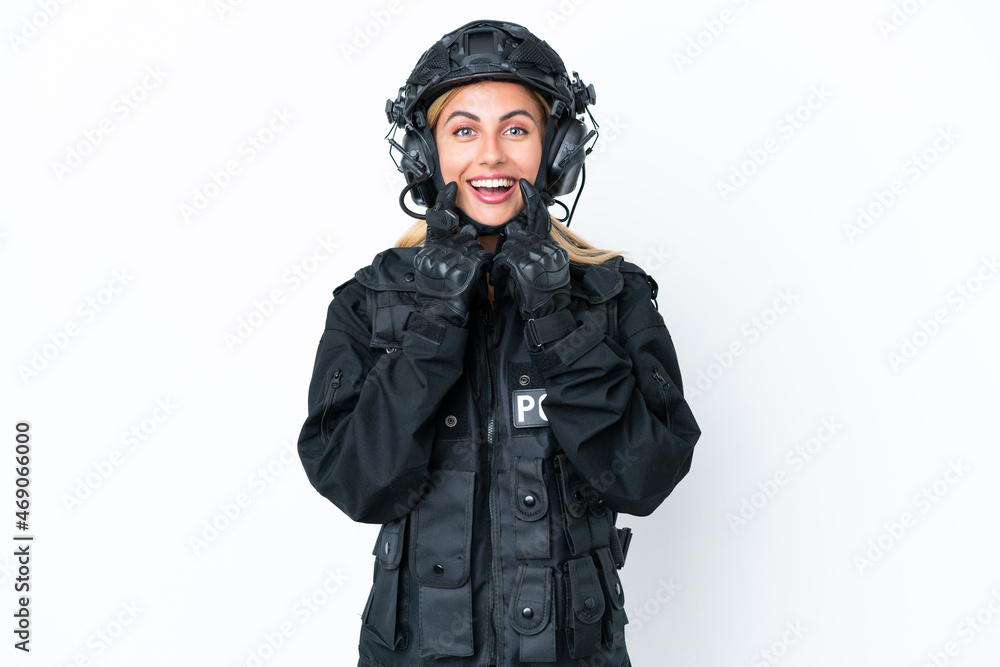 SWAT caucasian woman isolated on white background smiling with a happy and pleasant expression SWAT caucasian woman isolated on white background smiling with a happy and pleasant expression