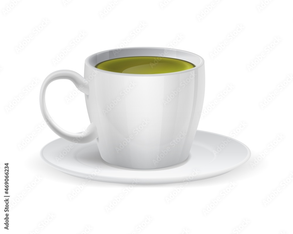 Realistic white ceramic cup with matcha. Green tea. Natural healthy drink. Japanese beverage. Side view of porcelain mug with saucer. Tableware isolated template. Vector cafe menu mockup Realistic white ceramic cup with matcha. Green tea. Natural healthy drink. Japanese beverage. Side view of porcelain mug with saucer. Tableware isolated template. Vector cafe menu mockup