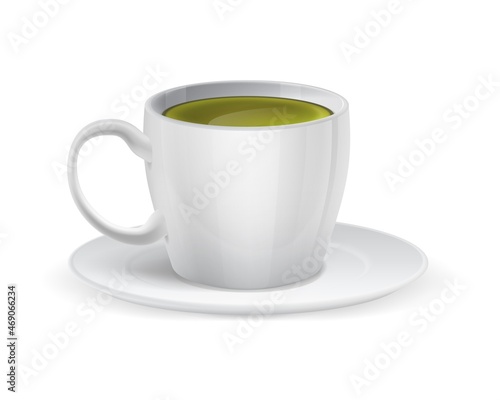 Realistic white ceramic cup with matcha. Green tea. Natural healthy drink. Japanese beverage. Side view of porcelain mug with saucer. Tableware isolated template. Vector cafe menu mockup