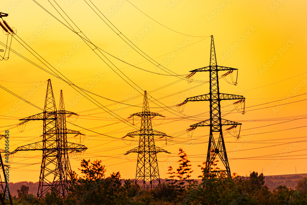 Fototapeta premium A number of high-voltage supports in the yellow sky. Supports, wires and trees at the yellow skyline.