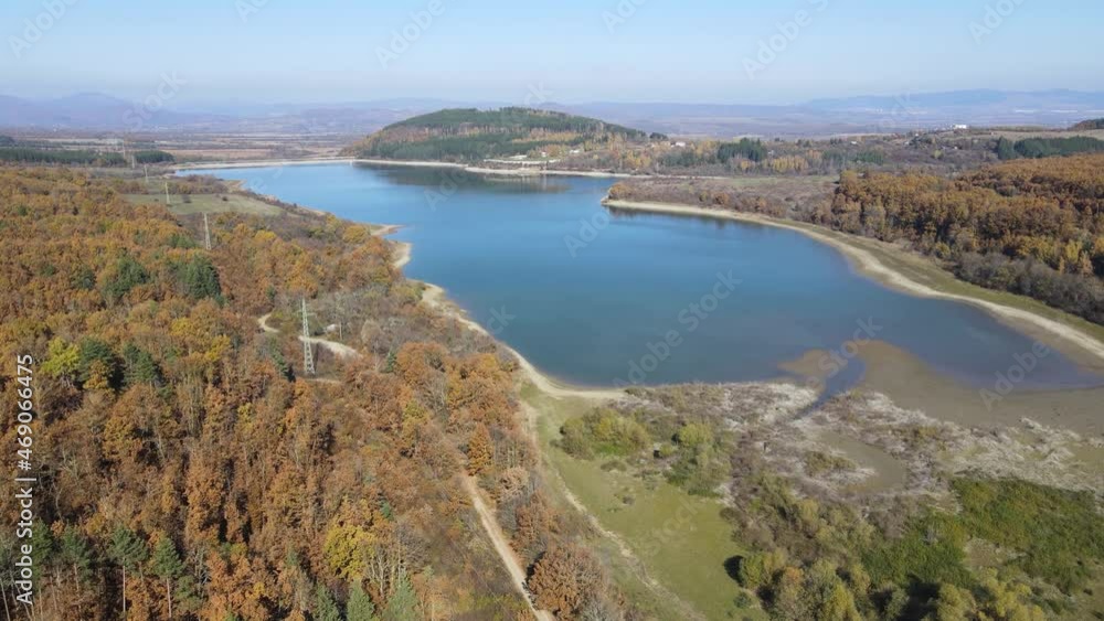 Aerial Autumn view of Izvor Reservoir at Konyavska Mountain, Pernik region, Bulgaria Aerial Autumn view of Izvor Reservoir at Konyavska Mountain, Pernik region, Bulgaria