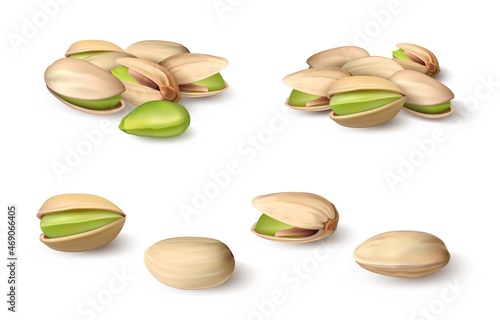 Realistic pistachio. 3D natural organic vegan nut macro graphic template for food packages and advertising. Isolated healthy nutty product. Green seed in shell. Vector plant snacks set