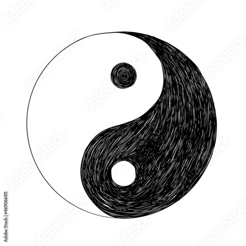 isolated black and white hand drawn sketch tao yin yang symbol chinese  religious infographics element for logo, sign, icon etc. flat vector design