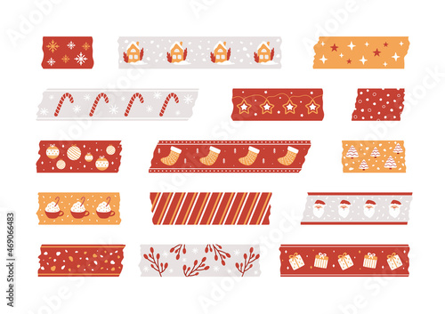 Christmas washi tapes collection with cute Santa head, candy cane, winter house, tree, gift boxes, hot cocoa drink, decorative patterns. Vector illustration, piece of paper for scrapbooking, decor.