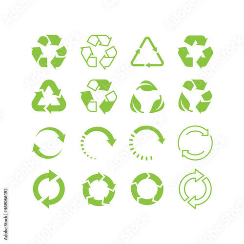 Recycled arrow green vector icon set. Recycle, biodegradable triangle and circle cycle symbol.