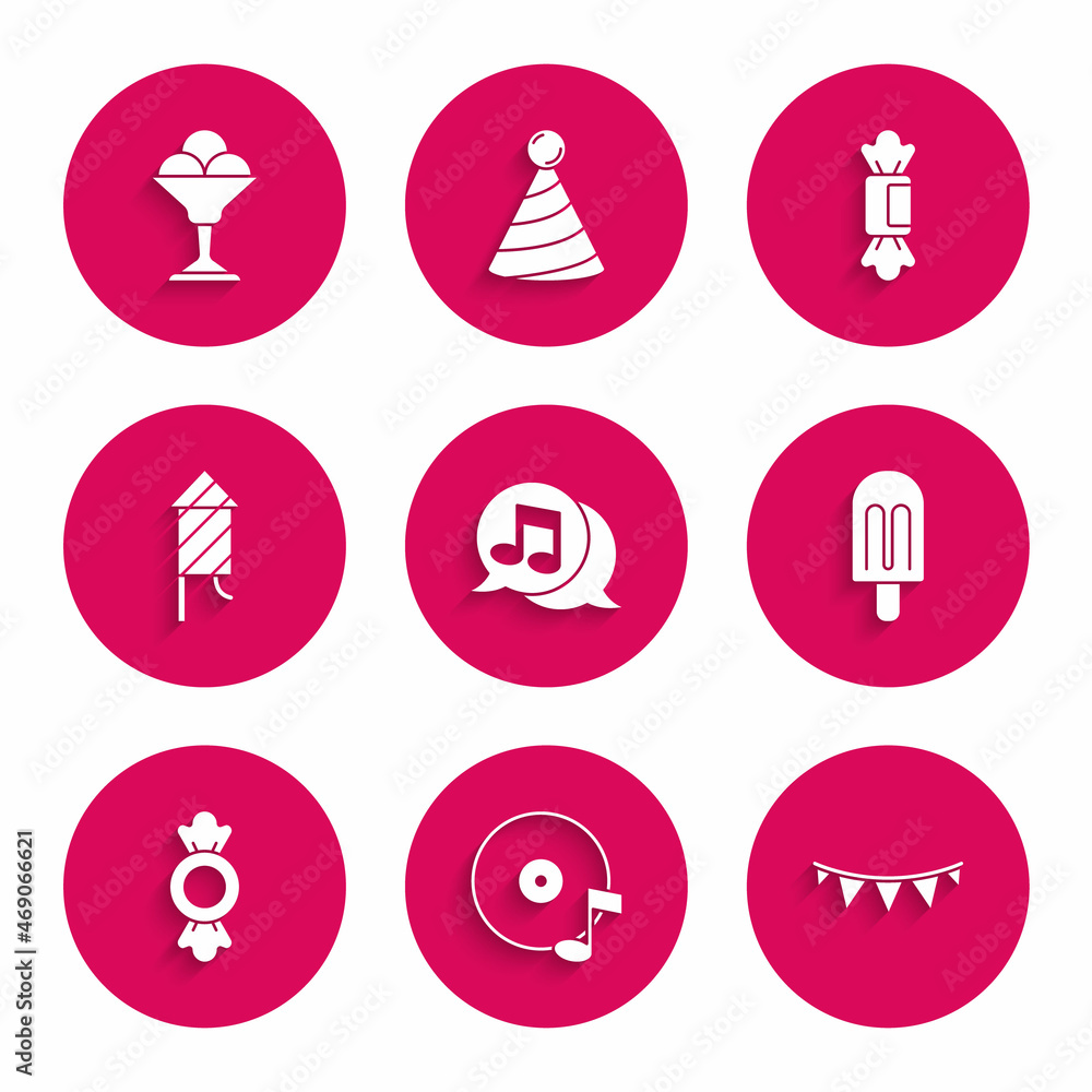 Set Musical note in speech bubble, Vinyl disk, Carnival garland with flags, Ice cream, Candy, Firework rocket, and bowl icon. Vector Set Musical note in speech bubble, Vinyl disk, Carnival garland with flags, Ice cream, Candy, Firework rocket, and bowl icon. Vector