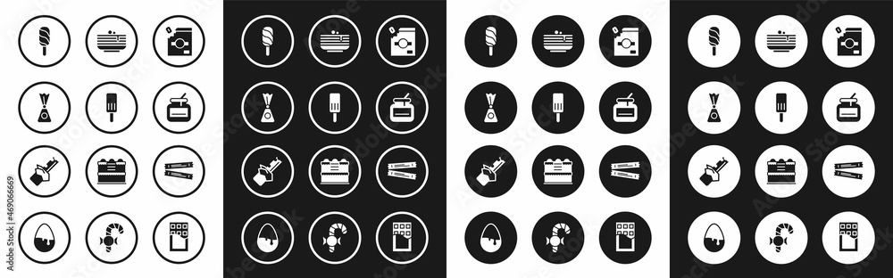 Set Candy packaging for sweets, Ice cream, Jar of honey, Stack pancakes, Sugar stick packets and Bitten chocolate bar icon. Vector Set Candy packaging for sweets, Ice cream, Jar of honey, Stack pancakes, Sugar stick packets and Bitten chocolate bar icon. Vector