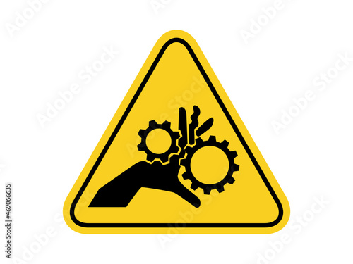 isolated watch out moving machine part  can cut or crush, common hazards symbols on yellow round triangle board warning sign for icon, label, logo or package industry etc. flat style vector design. 