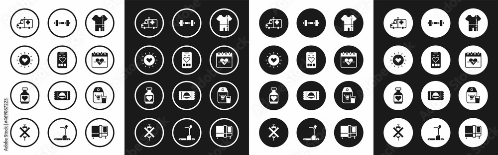 Set Sport track suit, Mobile with heart rate, Sun, Ambulance and emergency car, Heart, Dumbbell, Paper package for milk and Vitamin pill icon. Vector Set Sport track suit, Mobile with heart rate, Sun, Ambulance and emergency car, Heart, Dumbbell, Paper package for milk and Vitamin pill icon. Vector