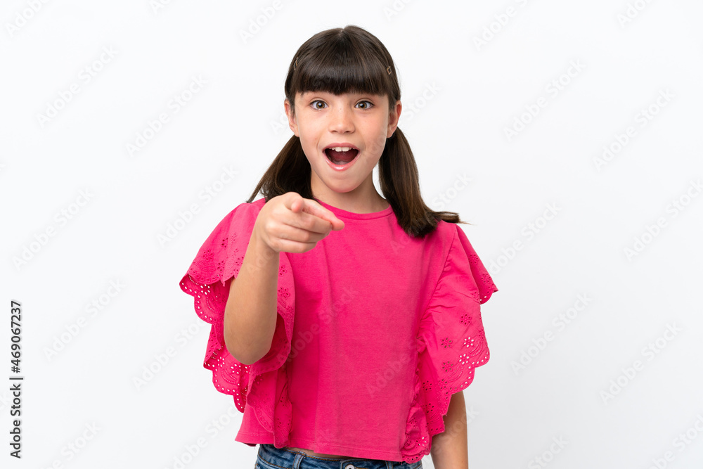 Little caucasian kid isolated on white background surprised and pointing front